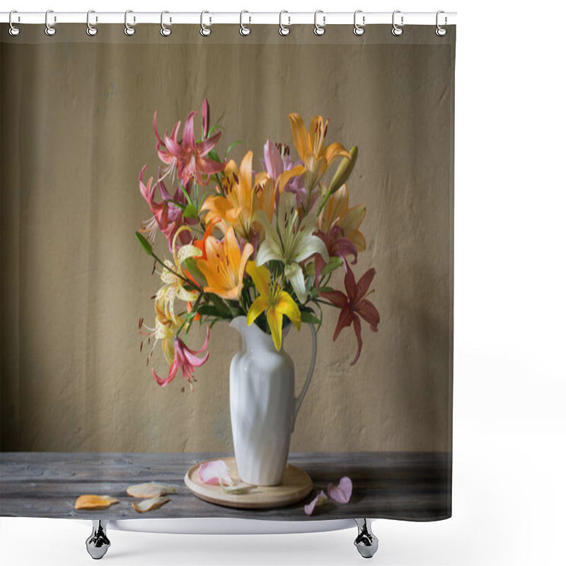 Personality  Beautiful Lily In White Jug On Wooden Table Shower Curtains