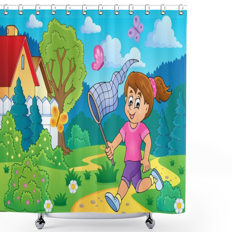 Personality  Girl Chasing Butterflies Theme Image 3 Shower Curtains