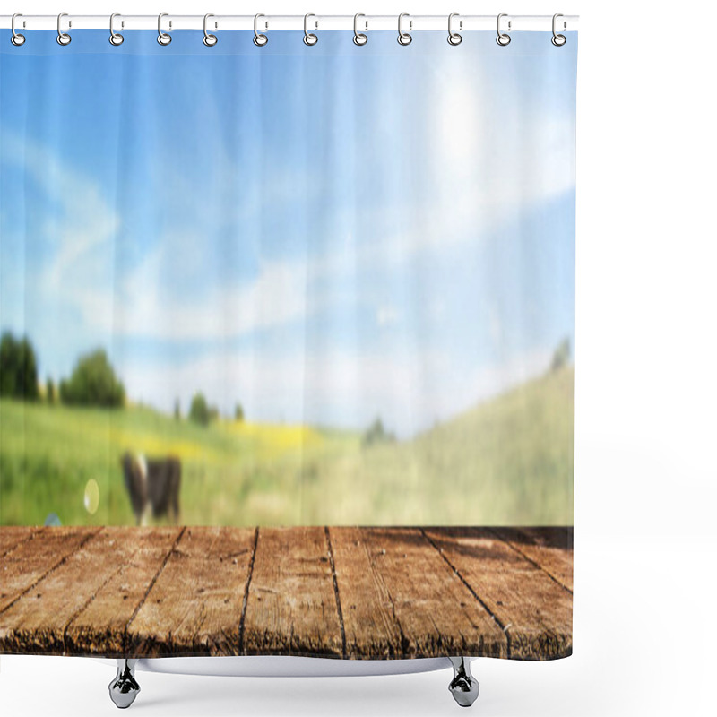 Personality  Empty Wooden Table With Blurred Natrural Background Shower Curtains