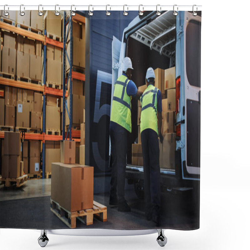 Personality  Outside Of Logistics Retailer Warehouse With Manager Using Tablet Computer, Diverse Workers Loading Delivery Truck With Cardboard Boxes. Online Orders, Purchases, E-Commerce Goods. Shower Curtains