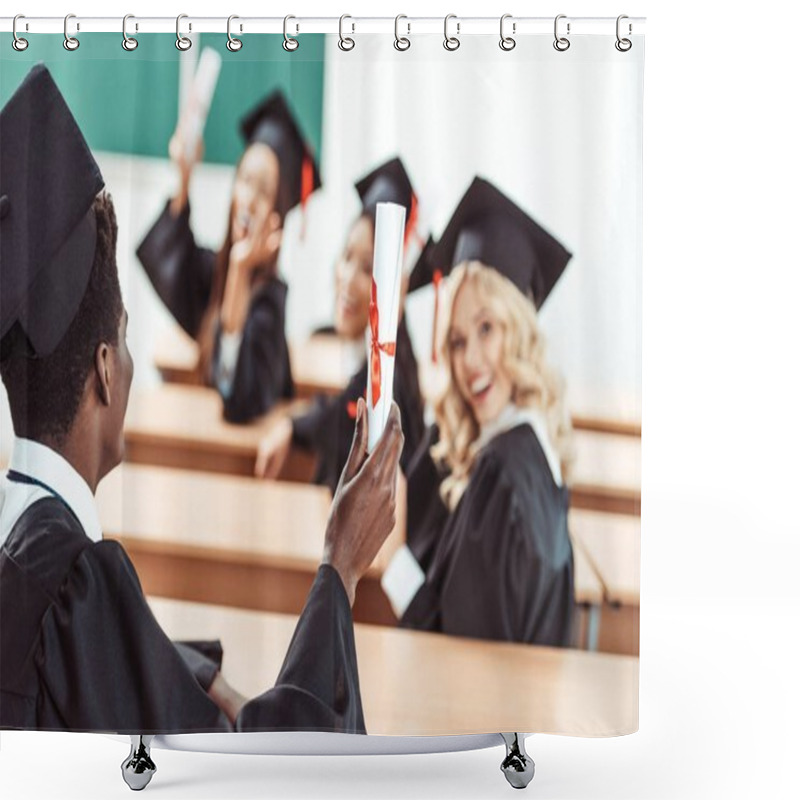 Personality  Multiethnic Students Showing Diplomas Shower Curtains