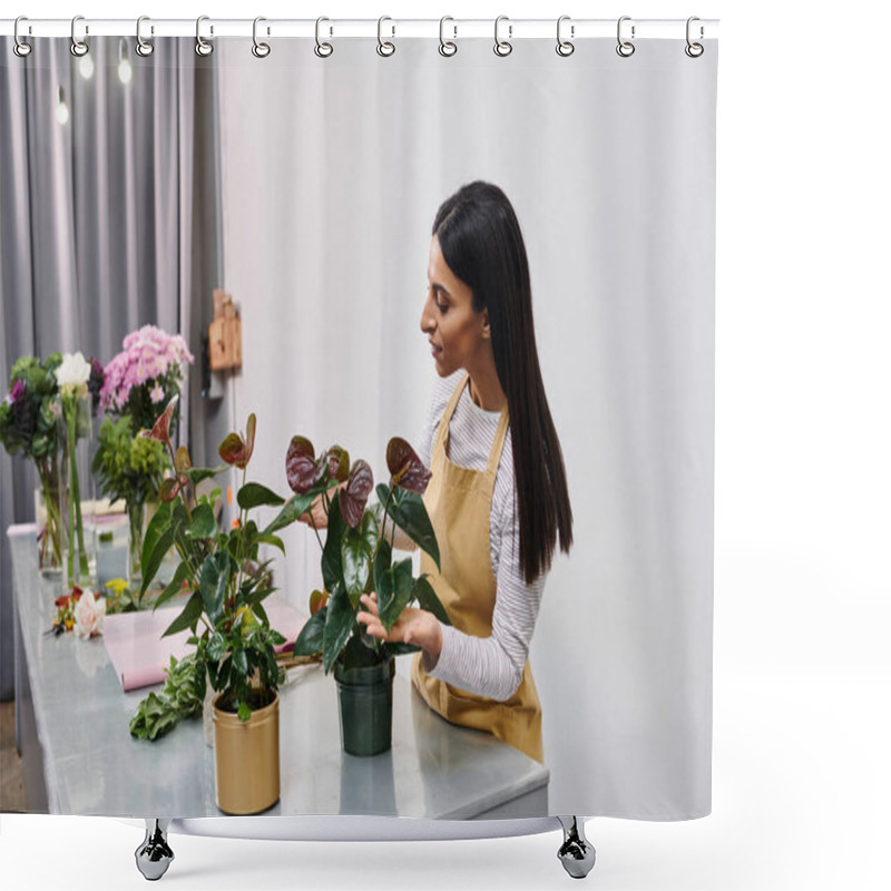 Personality  Beautiful Brunette Woman Tending To Plants In Her Charming Flower Shop On A Sunny Day. Shower Curtains