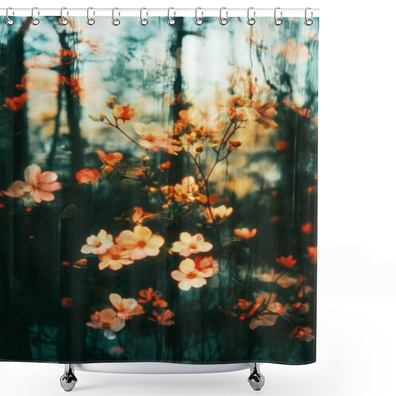 Personality  Delicate Pink Flowers Bloom Softly Against A Dreamy Forest Backdrop. Shower Curtains