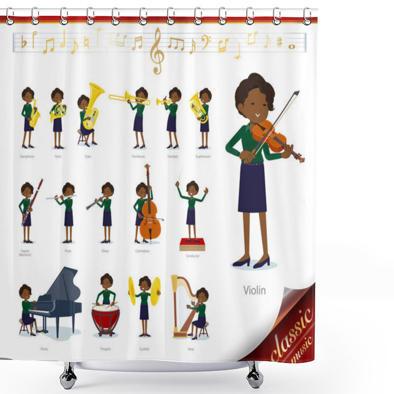 Personality  A Set Of Women On Classical Music Performances.There Are Actions To Play Various Instruments Such As String Instruments And Wind Instruments.It's Vector Art So It's Easy To Edit. Shower Curtains