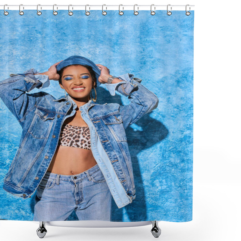 Personality  Trendy African American Woman With Closed Eyes And Bold Makeup Touching Beret And Posing In Denim Clothes And Top On Blue Textured Background, Stylish Denim Attire Shower Curtains