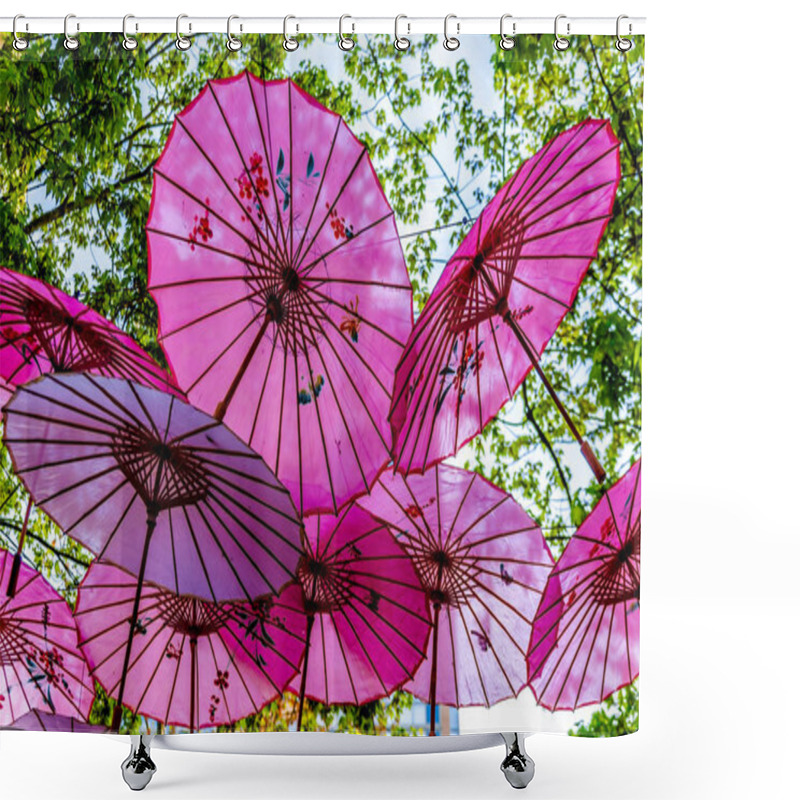 Personality  Pink Chinese Umbrellas Or Parasols Under A Tree Canopy In The Yale Town Suburb Of Vancouver, British Columbia, Canada Shower Curtains