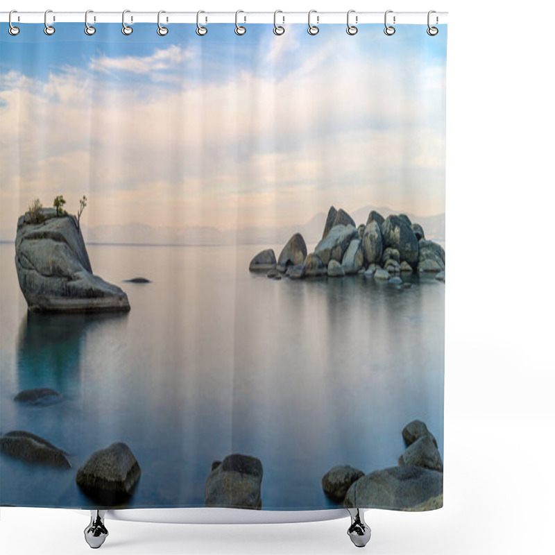 Personality  Bonsai Rock In Lake Tahoe Nevada Near The California Border, A Popular Tourist Spot, Has A Small Bonsai Tree Growing Out Of It. Bonsai Rock Is A Popular Tourist Destination Because Of Its Unusual View In The Lake And It's Protected Cove For Swimming. Shower Curtains