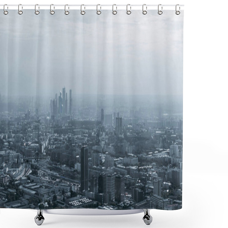 Personality  Dark Hazy Megalopolis Cityscape With The Group Of Business Skyscrapers In The Distance, Multiple Office And Residential Houses, Highways, Parks. Misty, Almost Invisible Horizon Shower Curtains