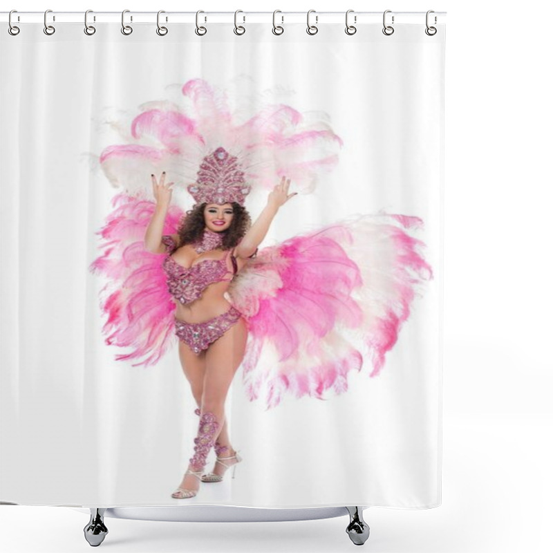 Personality  Beautiful Girl Posing In Carnival Costume With Pink Feathers, Isolated On White Shower Curtains