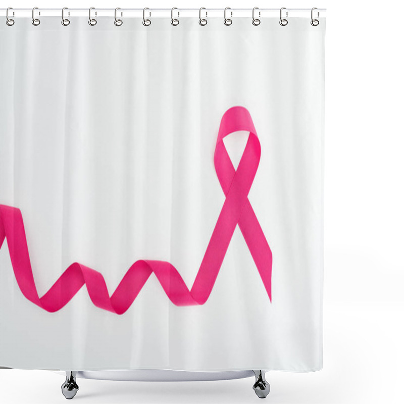 Personality  Top View Of Curved Crimson Breast Cancer Ribbon On White Background Shower Curtains