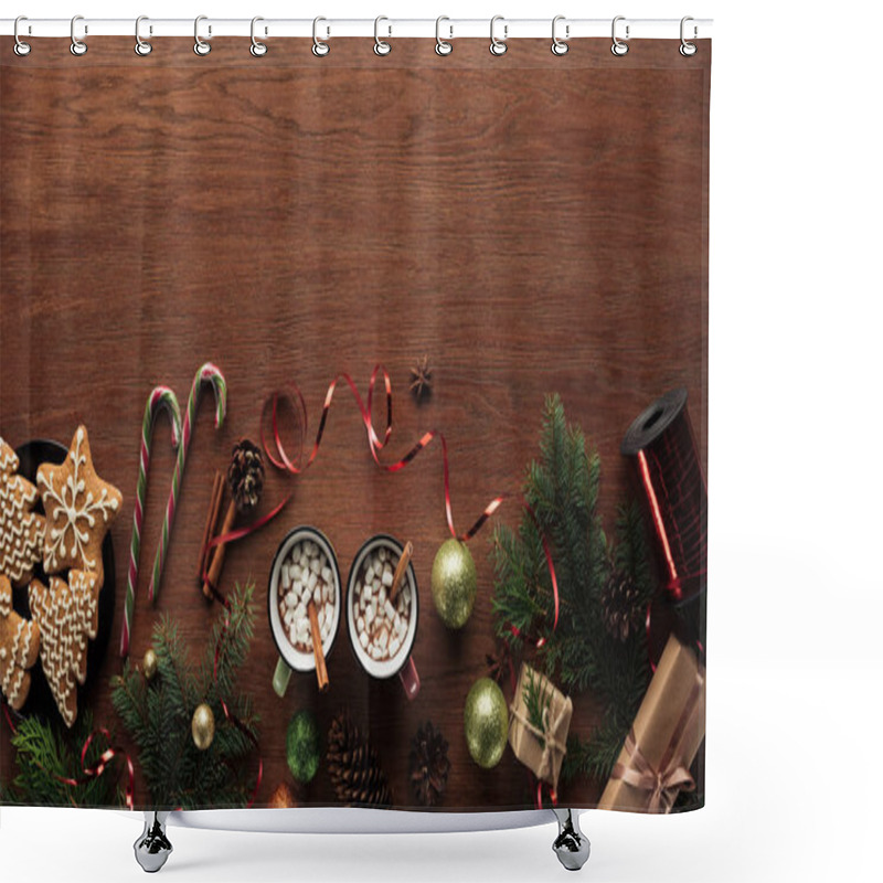 Personality  Top View Of Mugs With Hot Chocolate, Marshmallows And Cinnamon Sticks And Christmas Decorations On Wooden Background Shower Curtains