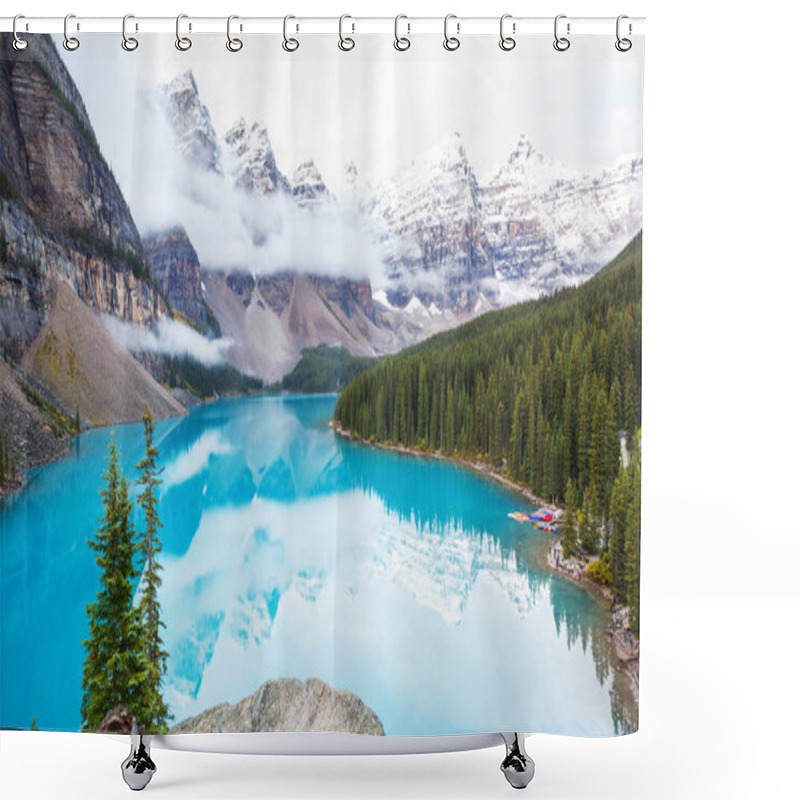 Personality  Beautiful Turquoise Waters Of The Moraine Lake With Snow-covered Peaks Above It In Banff National Park Of Canada Shower Curtains