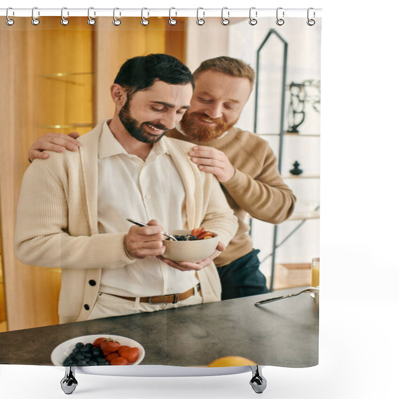 Personality  Happy Gay Couple Sharing A Meal In A Modern Kitchen, Spending Quality Time Together Over Breakfast. Shower Curtains