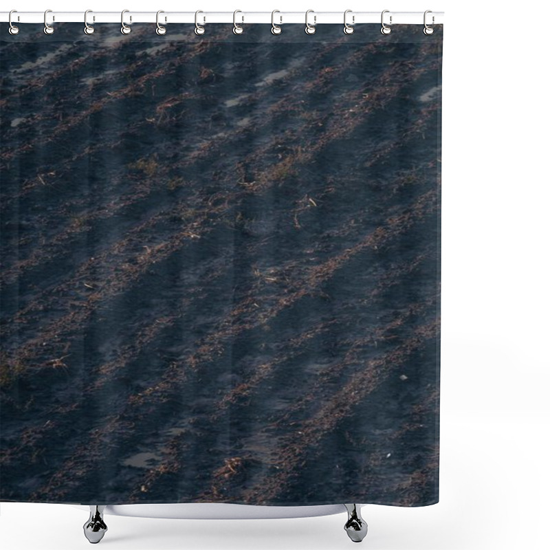 Personality  Close-up Of Freshly Plowed Dark Soil With Sunlight Creating Textured Patterns. Shower Curtains