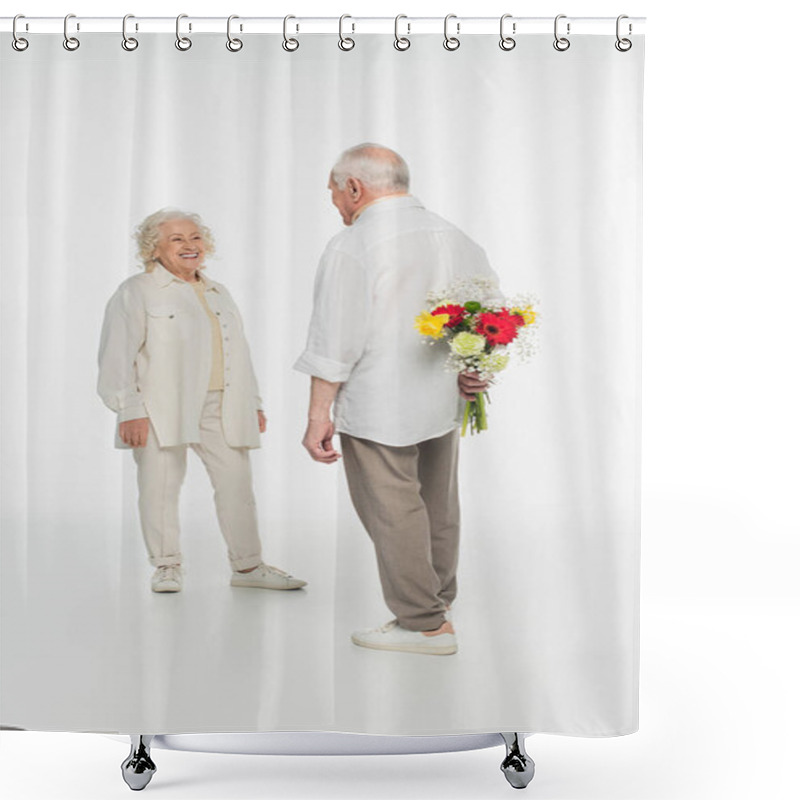 Personality  Elderly Man Hiding Bouquet Of Flowers Behind Back Near Smiling Wife On White Shower Curtains