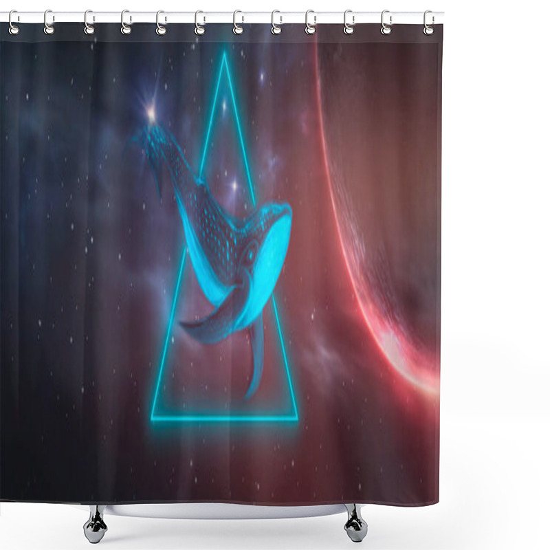 Personality  Abstract Night Fantasy Landscape With An Island, A Whale In The Sky, A Dark Fantasy Scene, An Unreal World, A Fish, A Whale, A Sperm Whale. Reflection Of Neon Light, Water, Depths Of The Sea. Night Fantasy Galaxy Space Landscape.  Shower Curtains