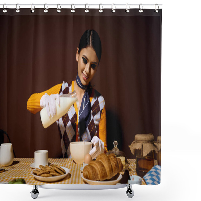 Personality  A Young Woman In A Stylish Outfit Pours Milk Into A Bowl At A Breakfast Table. Shower Curtains