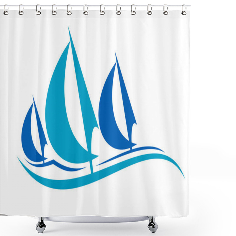 Personality  Stylized Blue Sailing Boats Upon The Waves Shower Curtains