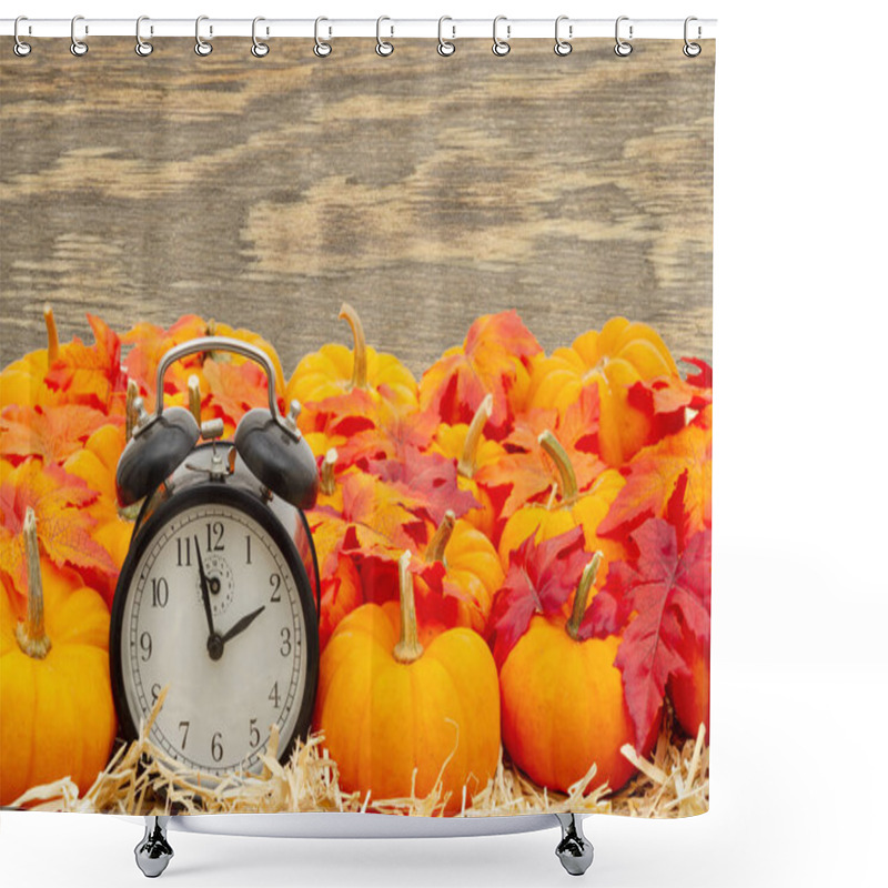 Personality  Retro Alarm Clock With Orange Pumpkins With Fall Leaves On Straw Shower Curtains