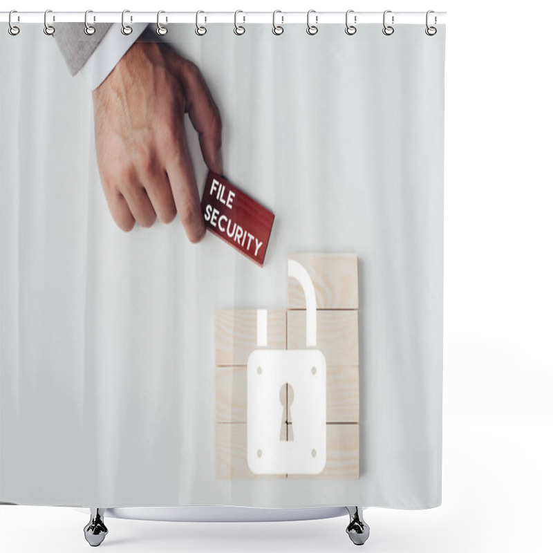 Personality  Partial View Of Man Holding Brick With 'file Security' Lettering Over Wooden Blocks With Lock Icon Isolated On White Shower Curtains