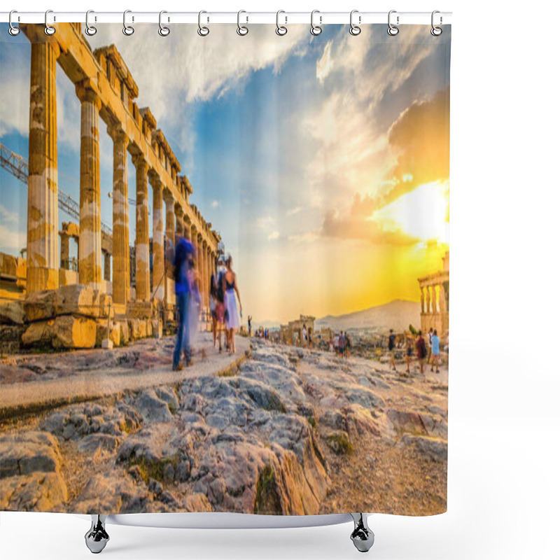 Personality  People Walking Around The Ruins Of Parthenon, Motion Blur Shower Curtains