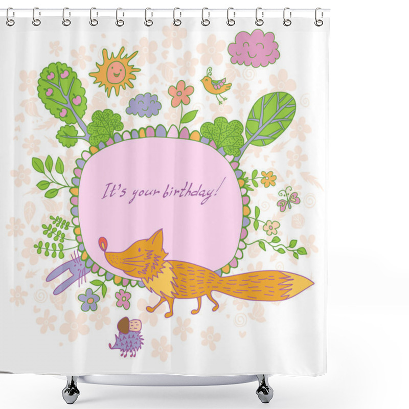 Personality  Stylish Cartoon Card Made Of Cute Flowers, Doodled Fox, Trees, B Shower Curtains