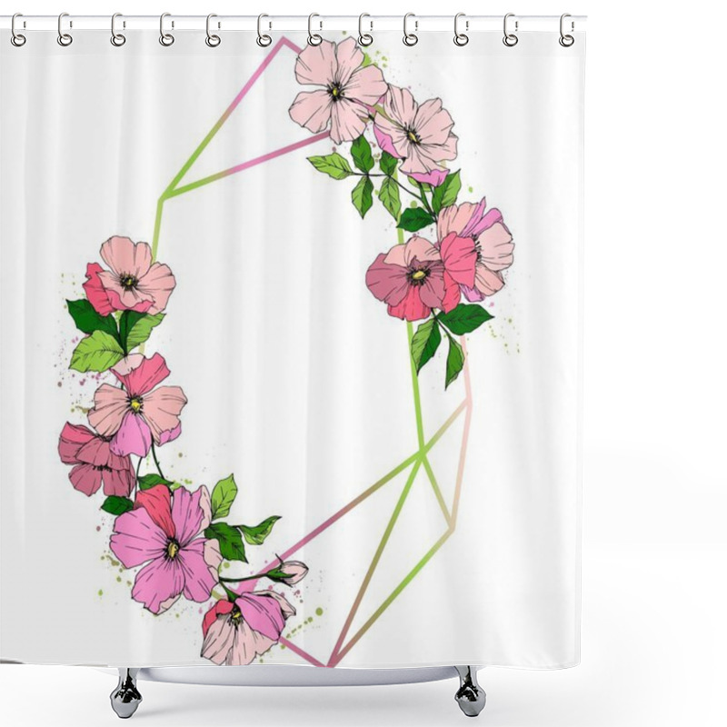 Personality  Vector Pink Rosa Canina Flower. Wild Spring Leaf Wildflower Isolated. Engraved Ink Art. Frame Border Ornament Square. Shower Curtains