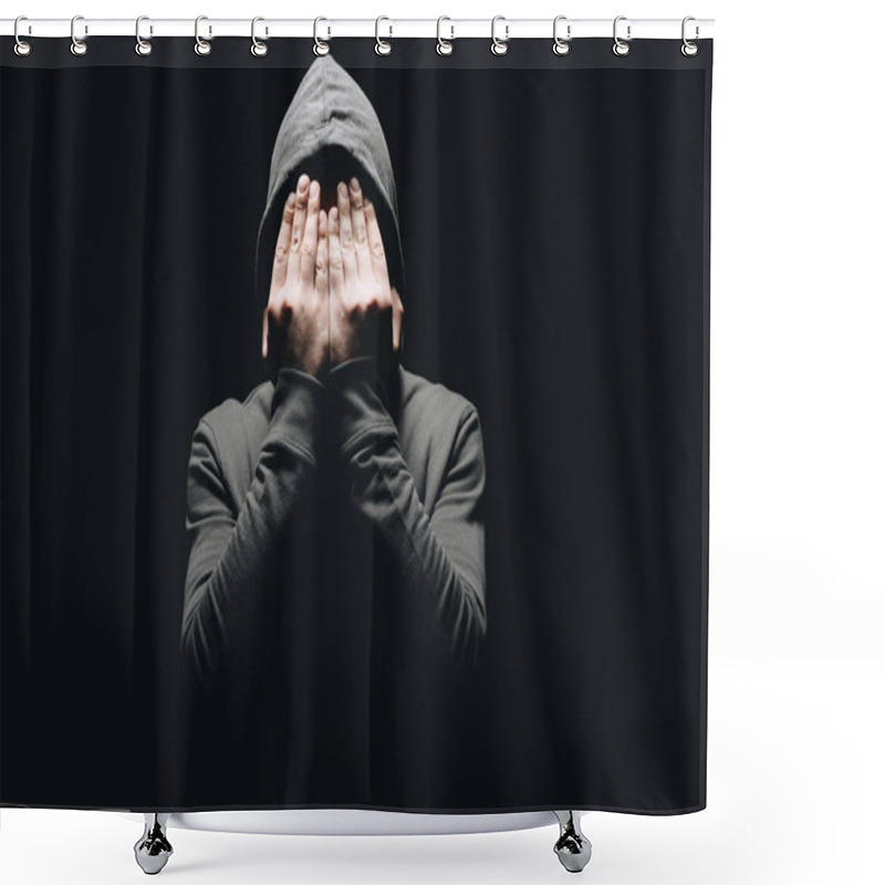 Personality  Cropped Shot Of Man In Hoodie Closing Eyes With Hands Isolated On Black Shower Curtains