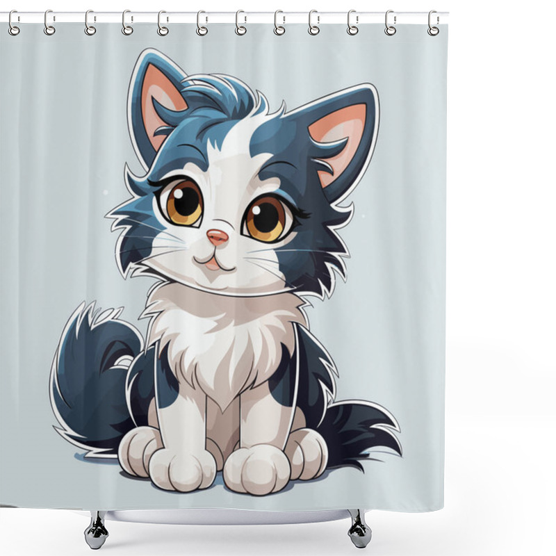 Personality  Black And White Cat With Big Eyes Sitting Down On Blue Background. Shower Curtains