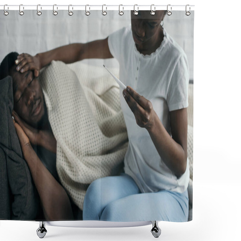 Personality  Cropped Shot Of Young Woman Holding Thermometer And Checking Forehead Of Sick Boyfriend Shower Curtains