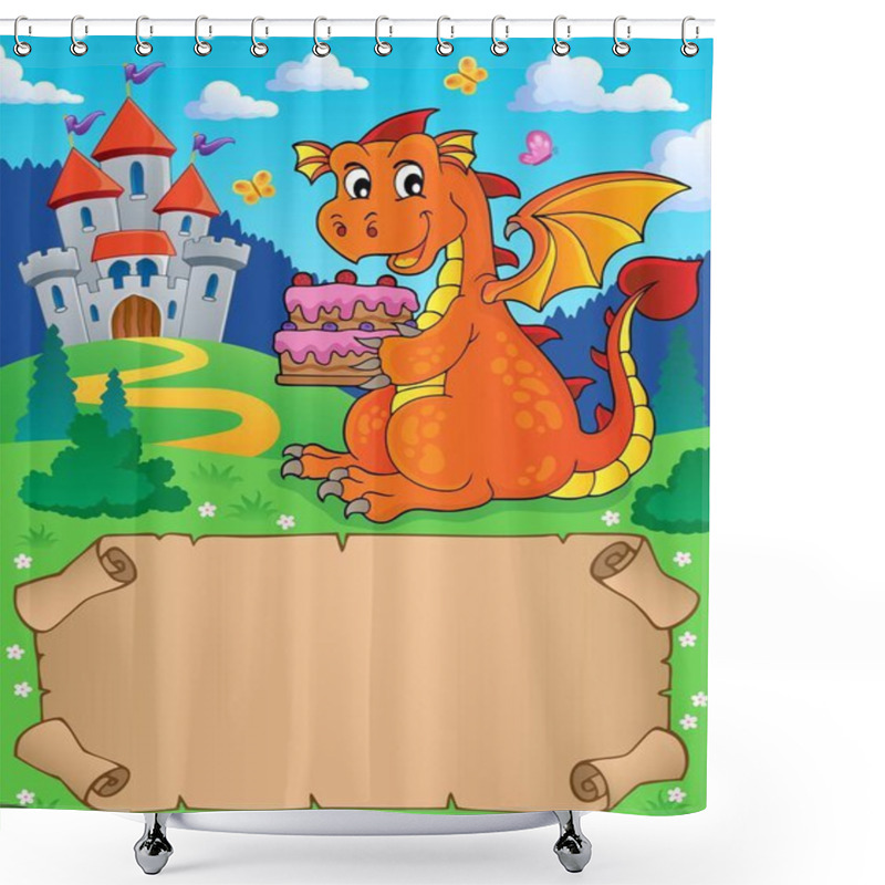 Personality  Small Parchment And Dragon Holding Cake Shower Curtains