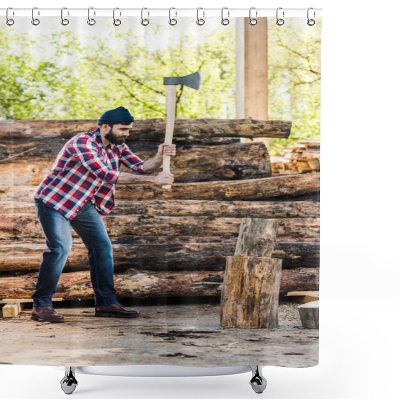 Personality  Bearded Lumberjack In Checkered Shirt Chopping Log At Sawmill  Shower Curtains