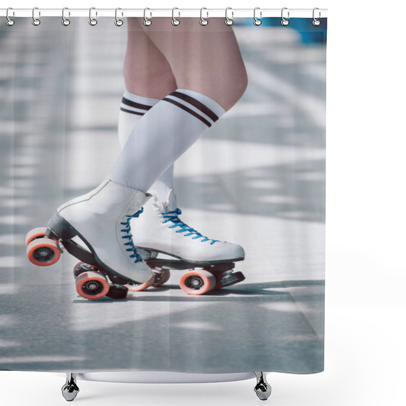 Personality  Partial View Of Woman In White High Socks With Black Stripes And Retro Roller Skates Shower Curtains