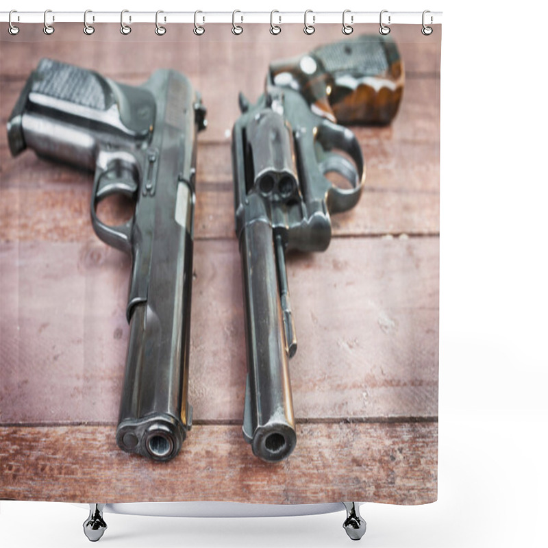 Personality  Black Revolver Gun And Semi-automatic 9mm Gun On Wooden Backgrou Shower Curtains