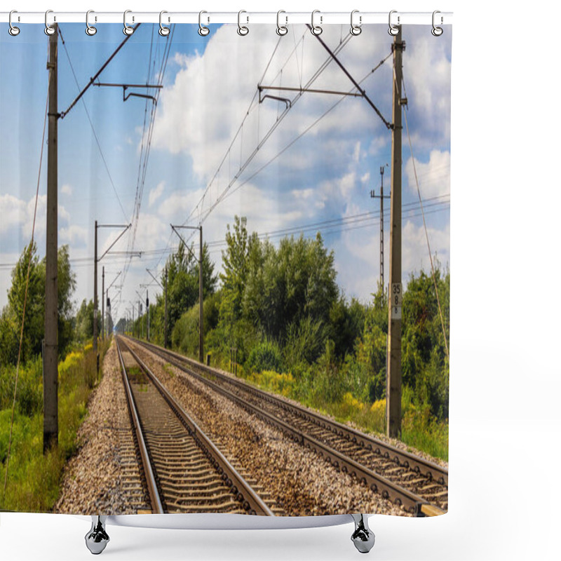 Personality  Tracks Of An Electric Railway Line On A Hot Summer Day. Perspective Shot From Human Eye Level. Shower Curtains