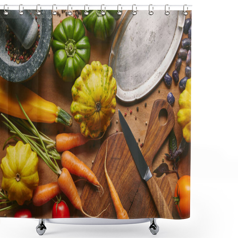 Personality  Vegetables And Cooking Utensils On Wooden Table Shower Curtains