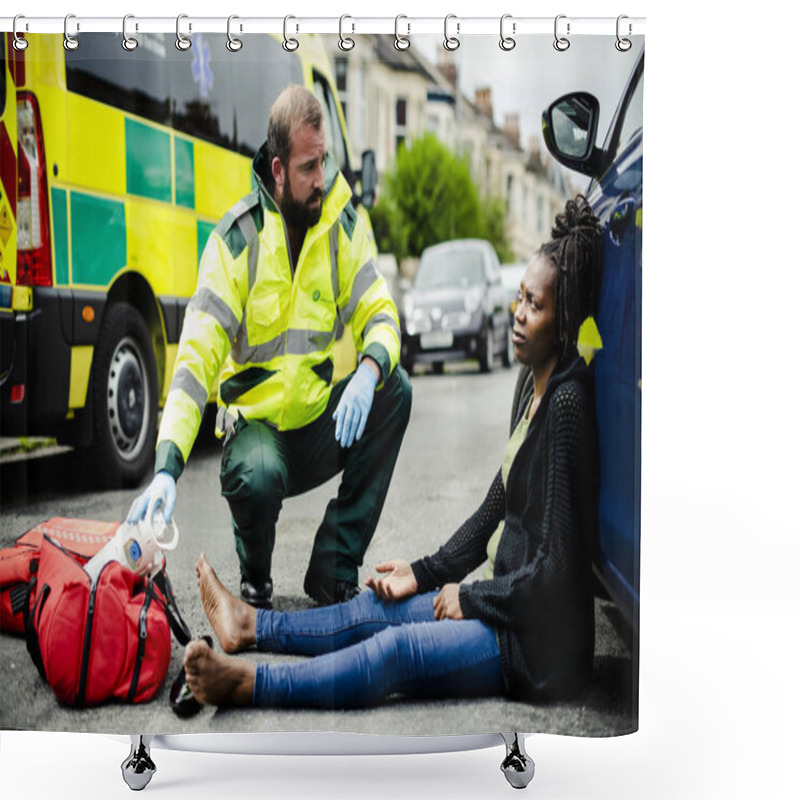 Personality  Male Paramedic Checking On An Injured Woman On A Road Shower Curtains