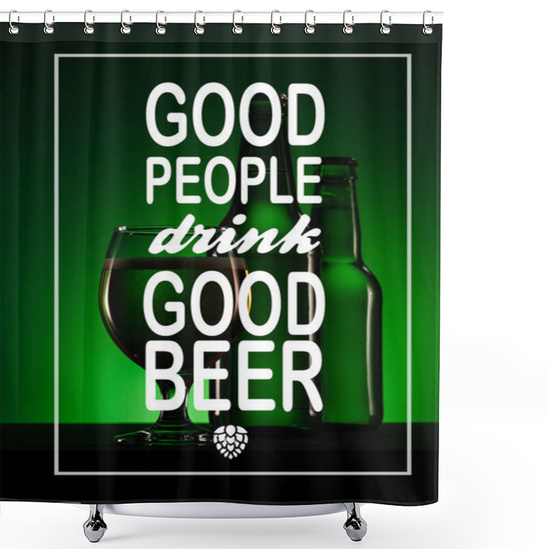 Personality  Bottles And Glass Of Beer On Dark Green Background With 