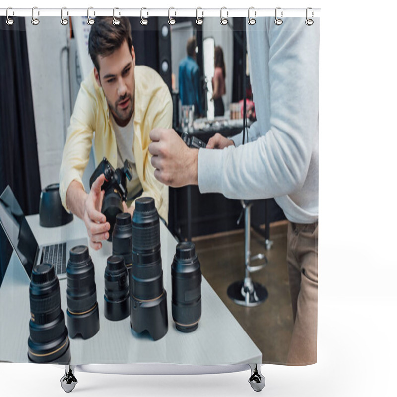 Personality  Cropped View Of Art Director Standing Near Photographer And Photo Lenses  Shower Curtains