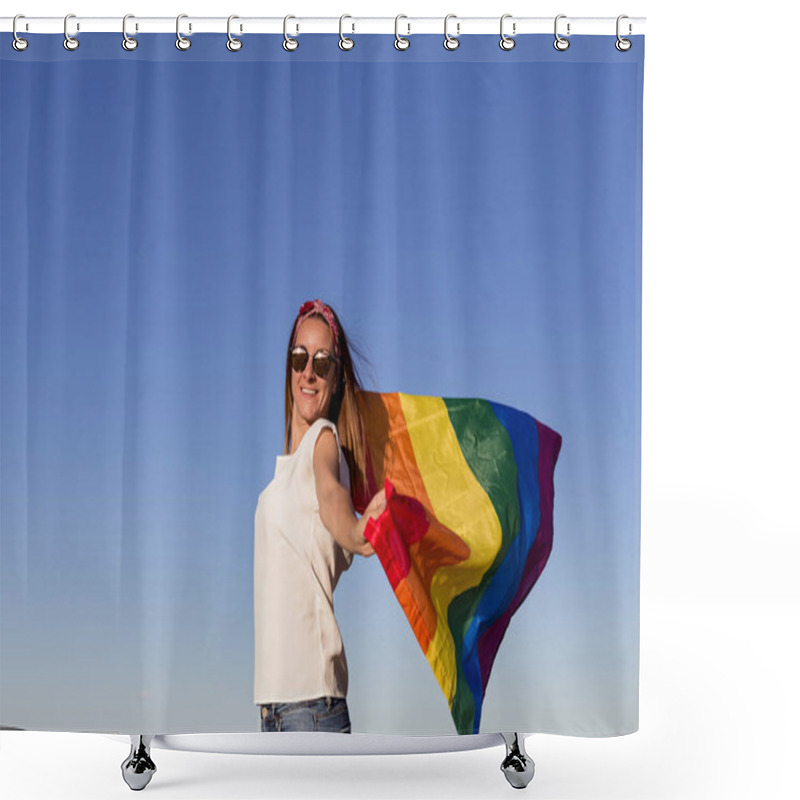 Personality  Woman Holding The Gay Rainbow Flag Over Blue Sky Outdoors. Happiness, Freedom And Love Concept For Same Sex Couples. LIfestyle Outdoors Shower Curtains