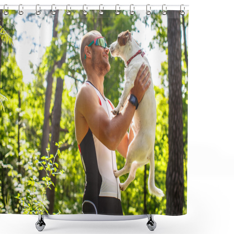 Personality  Man Holding His Dog. Shower Curtains