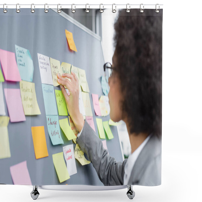 Personality  Blurred African American Manager Working With Sticky Notes On Board Shower Curtains