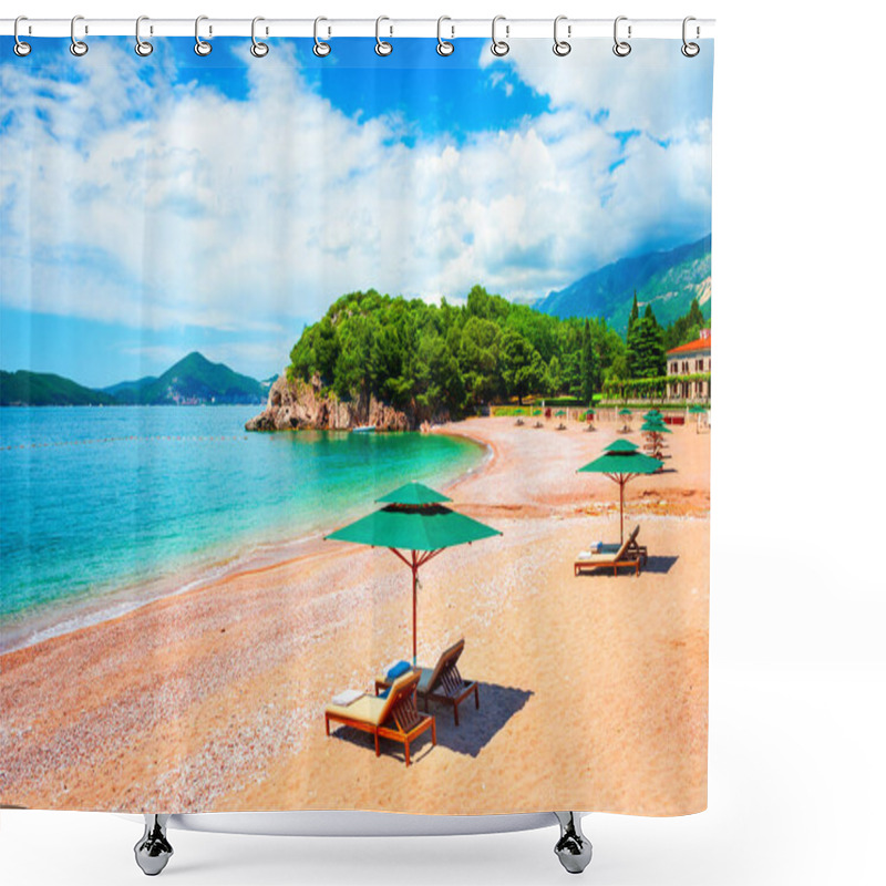 Personality  Beautiful Beach With Chaise Lounges Near Budva, Montenegro. Famous Travel Destination. Summer Landscape, View Of Sea Shore And Mountains Shower Curtains