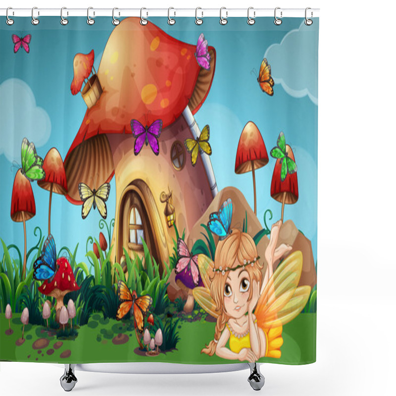 Personality  Fairy And Butterflies At Mushroom House Shower Curtains