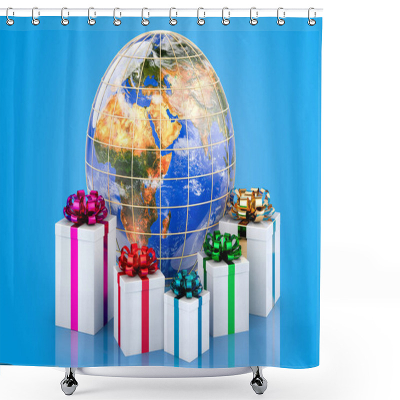 Personality  Earth Globe With Presents, 3D Rendering Isolated On Blue Backgroun Shower Curtains