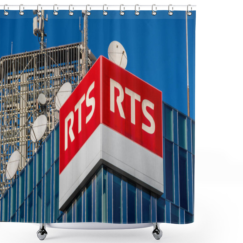 Personality  Geneva, Switzerland - November 15, 2024: Sign And Logo On The Headquarters Of Radio Television Suisse (RTS), A Public Service Audiovisual Company Belonging To The Swiss Broadcasting Corporation (SSR) Shower Curtains