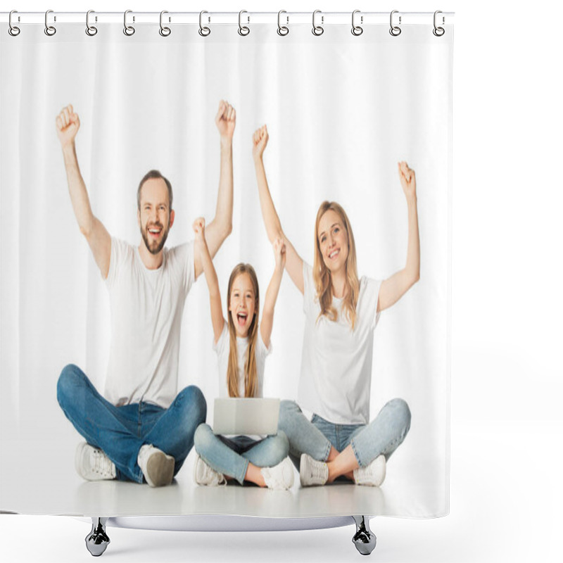 Personality  Excited Parents Sitting On Floor Near Happy Daughter With Laptop Isolated On White Shower Curtains