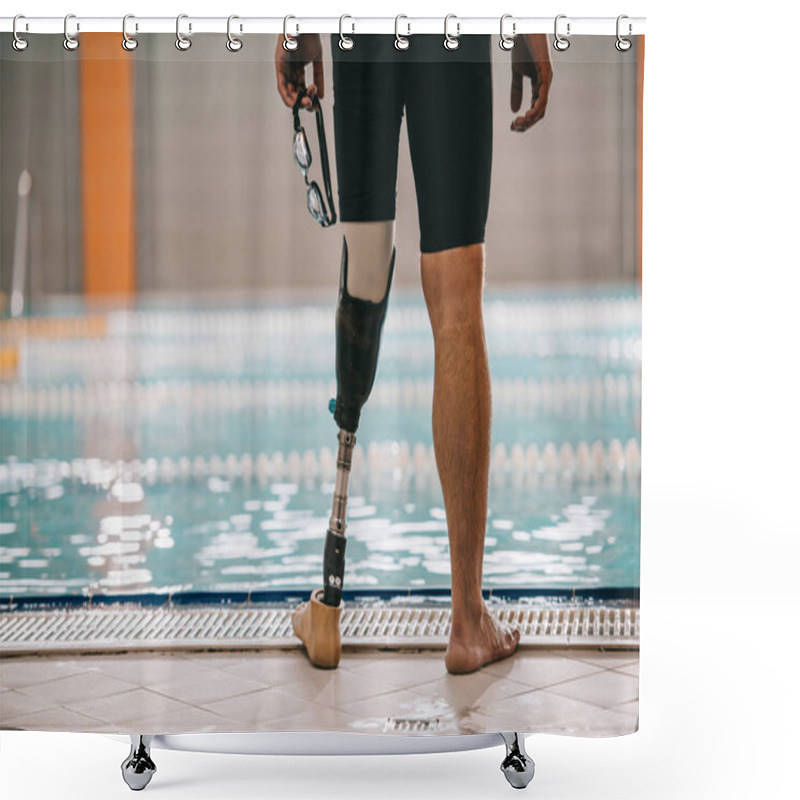 Personality  Cropped Shot Of Swimmer With Artificial Leg Standing In Front Of Indoor Swimming Pool And Holding Swimming Goggles Shower Curtains