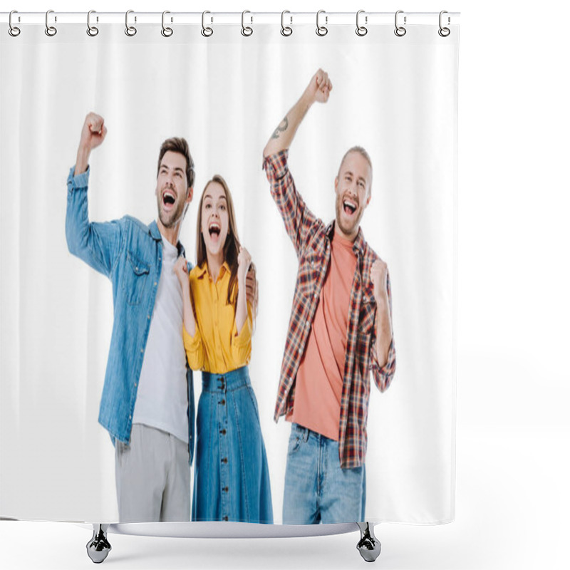 Personality  Happy Young Friends Showing Yes Gesture Isolated On White Shower Curtains