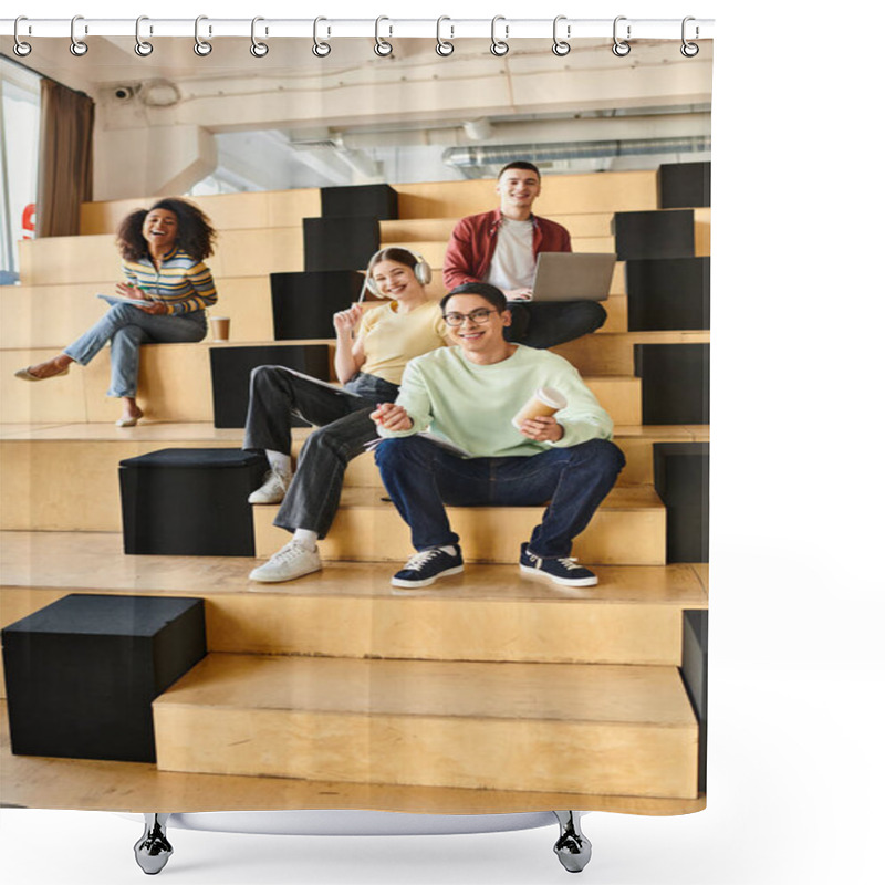 Personality  A Multicultural Group Of Students Sitting Together On A Grand Staircase, Engaged In Conversation And Study Shower Curtains